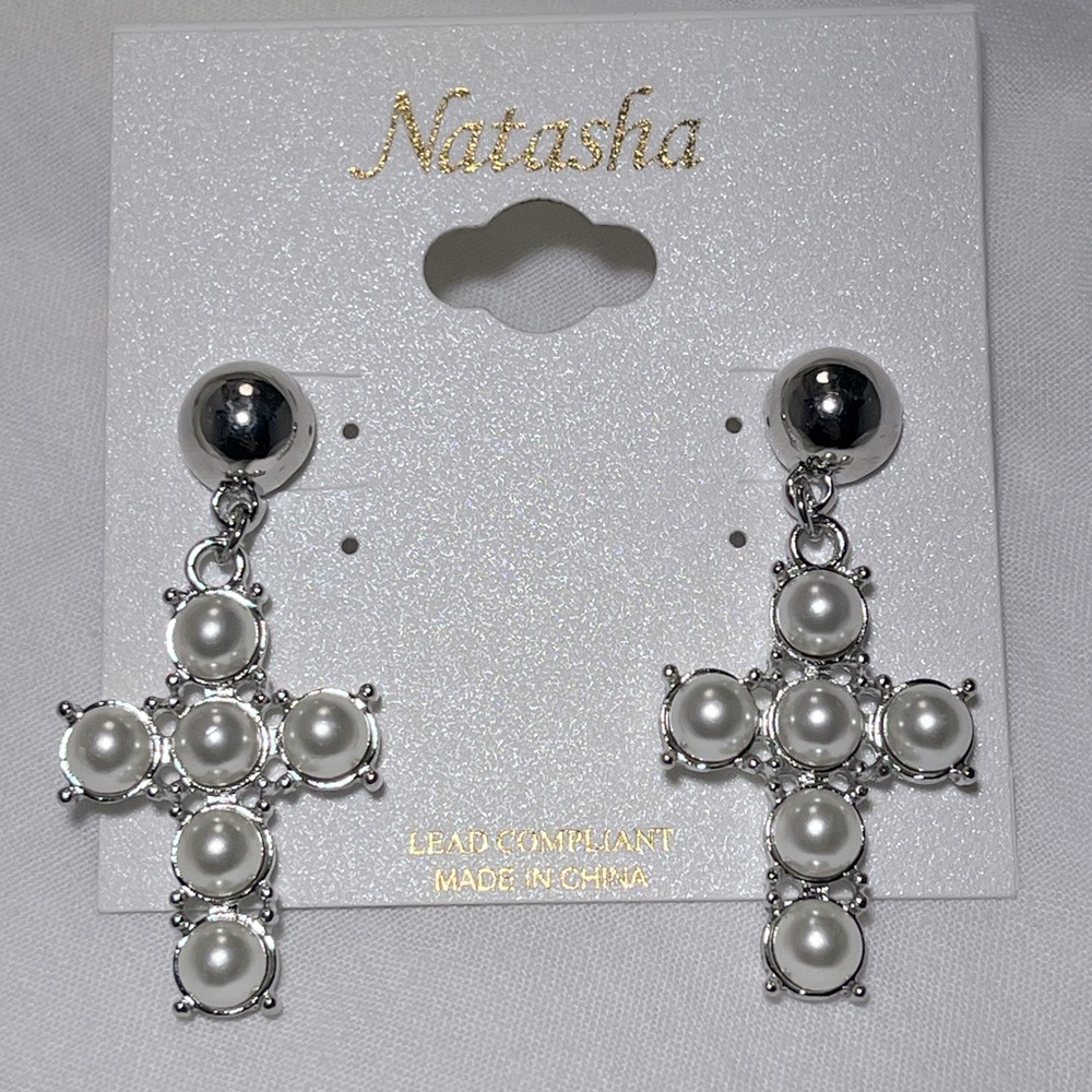 Natasha Couture Silver and Faux Pearl Cross Earrings